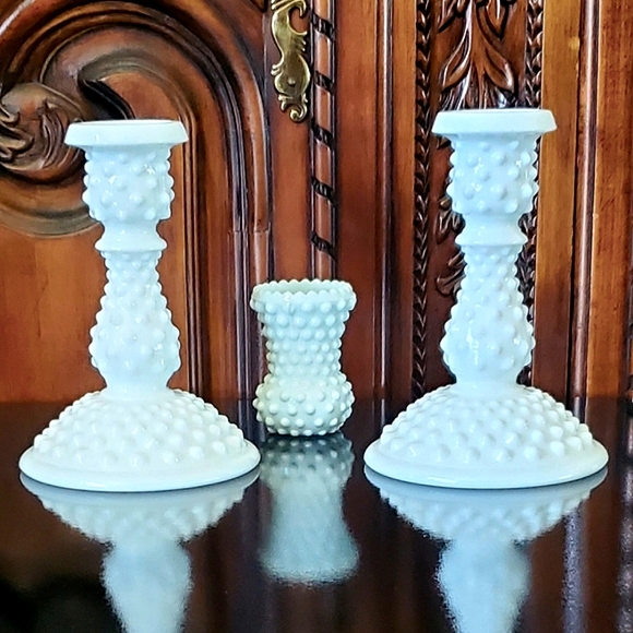 Fenton Other - (3 piece) Fenton Hobnail Milk Glass Toothpick/CandleHolder & 2 Candle Sticks